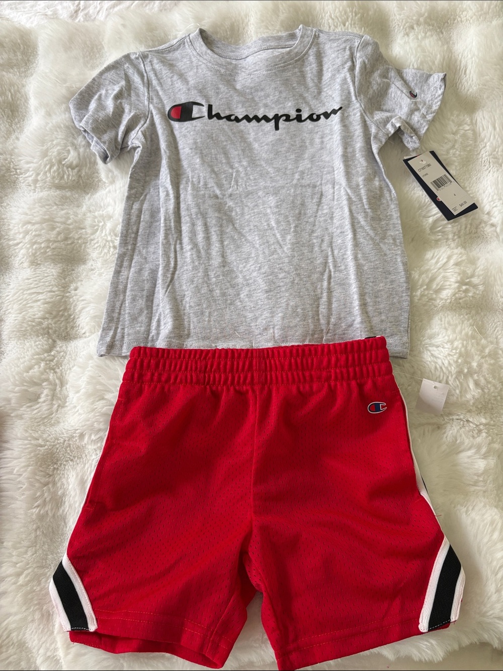 Champion Gray Logo Tee with Red Athletic Shorts